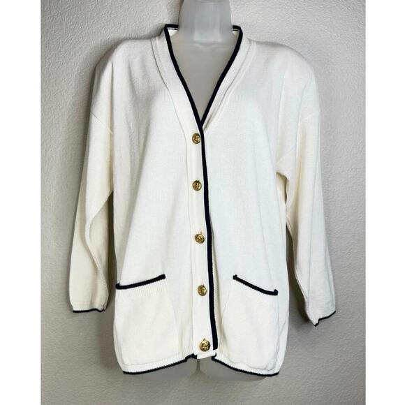 Vintage Sweaters - Vintage Varsity Cardigan In White Navy Stripes Size Large Preppy Office Siren